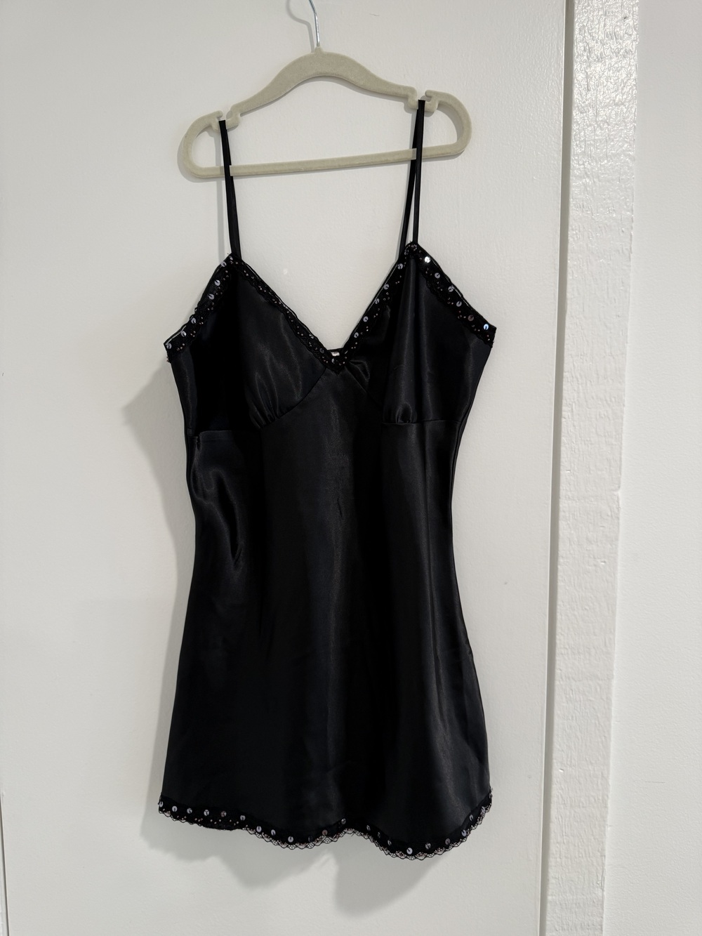 Y2K Black Satin Slip Top Sequin Lace Trim Mini Spaghetti Strap S